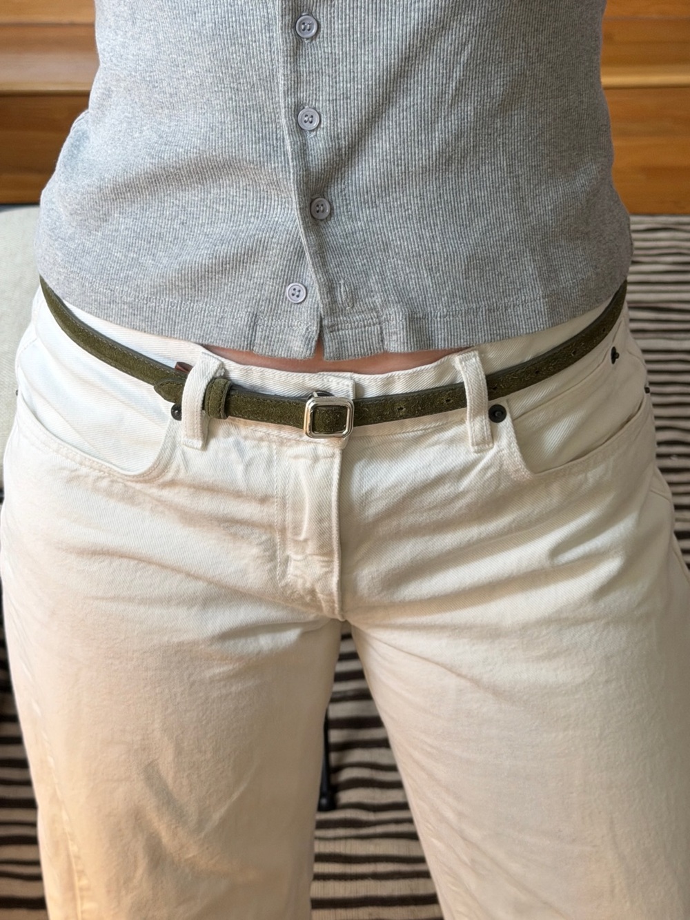 LIÉ STUDIO Olive Green Slim Cowhide Leather Belt